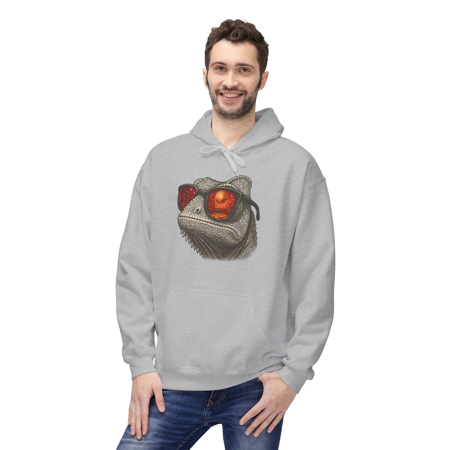 Chamäleon Hoodie Unisex (Brustprint) – Retro Tiermotiv mit Sonnenbrille & Disco-Design – Lustiger Kapuzenpullover für Festival, Streetwear & Geschenkideen