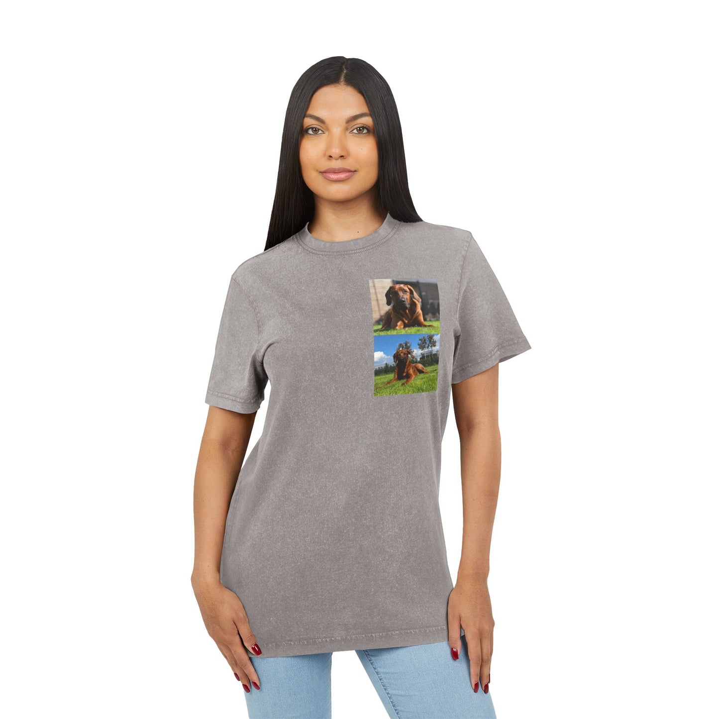 Dog print Vintage Style Acid Washed Round Neck Tee - Eco-Friendly T-Shirt, Everyday