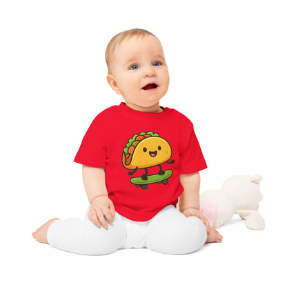 Baby T-Shirt „Taco Skater“ – Lustiges Taco-Motiv auf Skateboard, Bio-Baumwolle, nachhaltige Babybekleidung für kleine Trendsetter