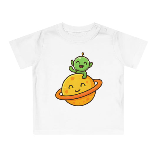 Baby T-Shirt „Space Buddy“ – Süßes Alien & Planet Motiv, Bio-Baumwolle, nachhaltige Weltraum-Babybekleidung