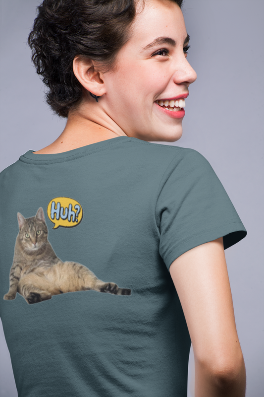 “Huh?” Katze – Lustiges Katzen T-Shirt mit Rückendruck | Für Katzenfans mit Humor
