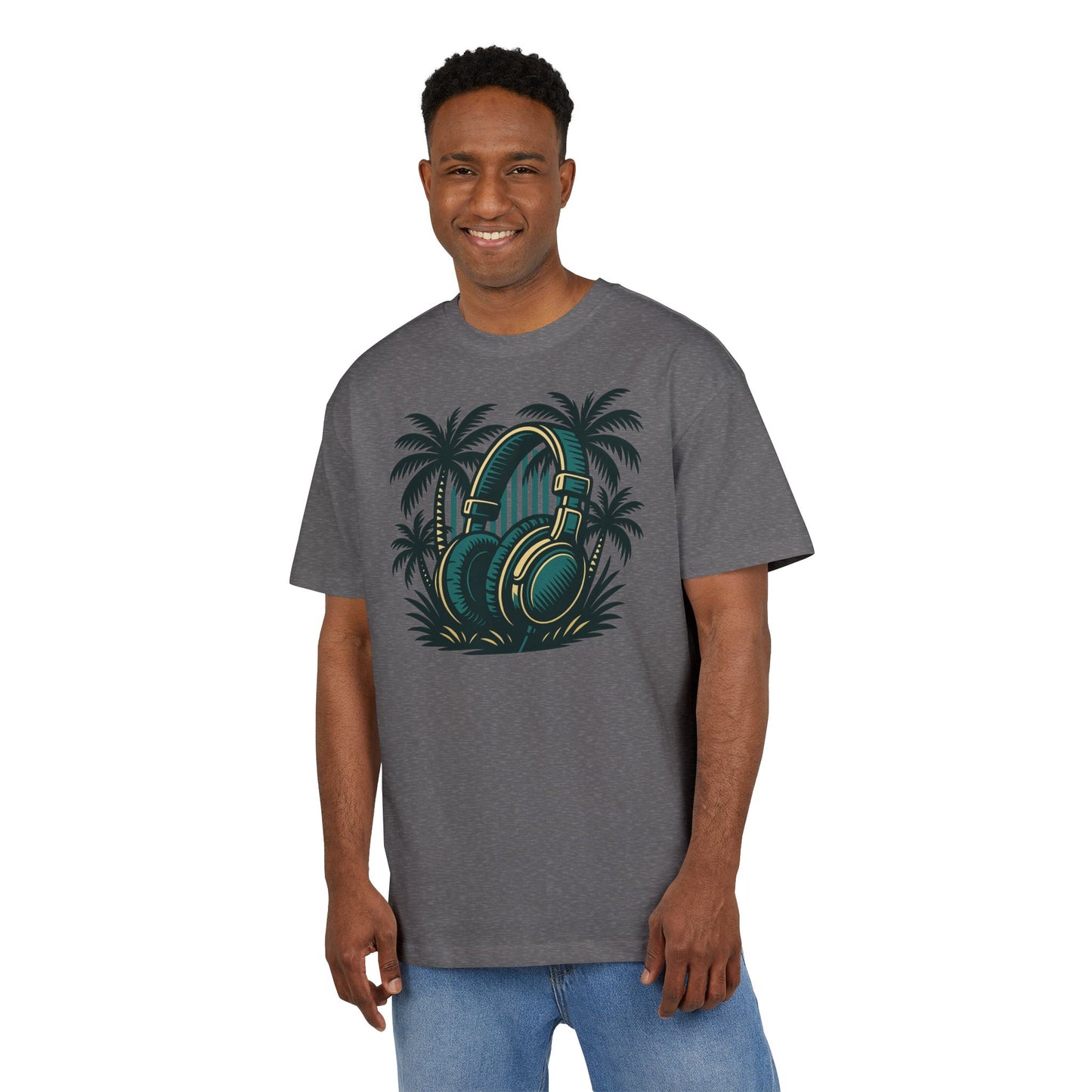 Retro T-Shirt mit Kopfhörer & Palmen (Brustprint)– Musik & Beach Vibes im Vintage Look