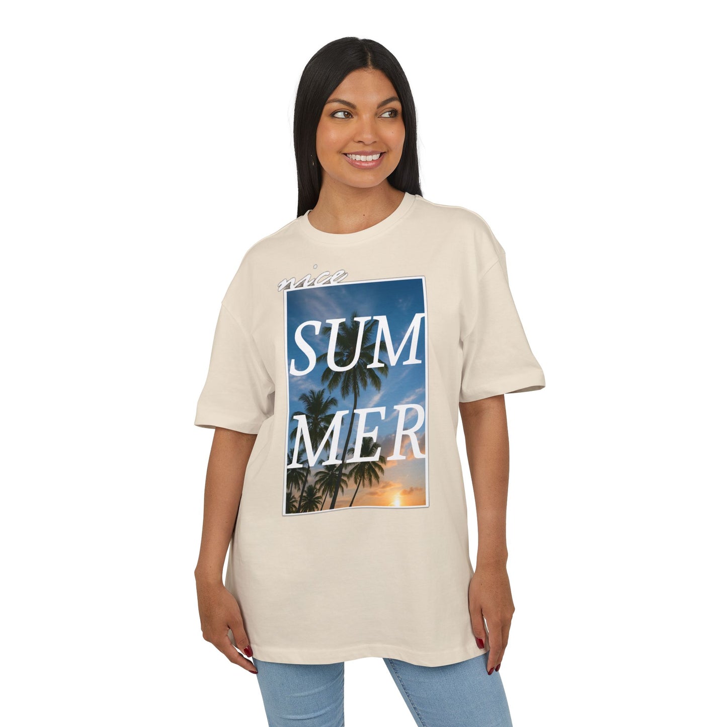 Nice Summer T-Shirt (Brustprint)– Palmendesign, Sonnenuntergang & Urlaubs-Vibes | Unisex Oversize Shirt für den Sommerlook