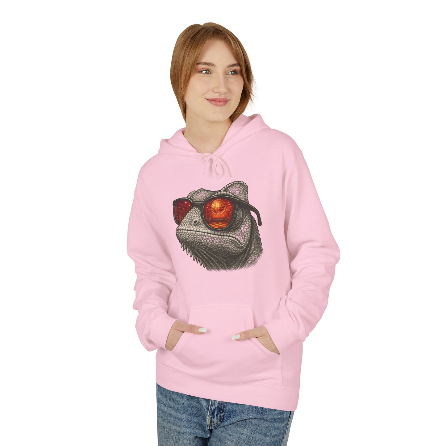 Chamäleon Hoodie Unisex (Brustprint) – Retro Tiermotiv mit Sonnenbrille & Disco-Design – Lustiger Kapuzenpullover für Festival, Streetwear & Geschenkideen
