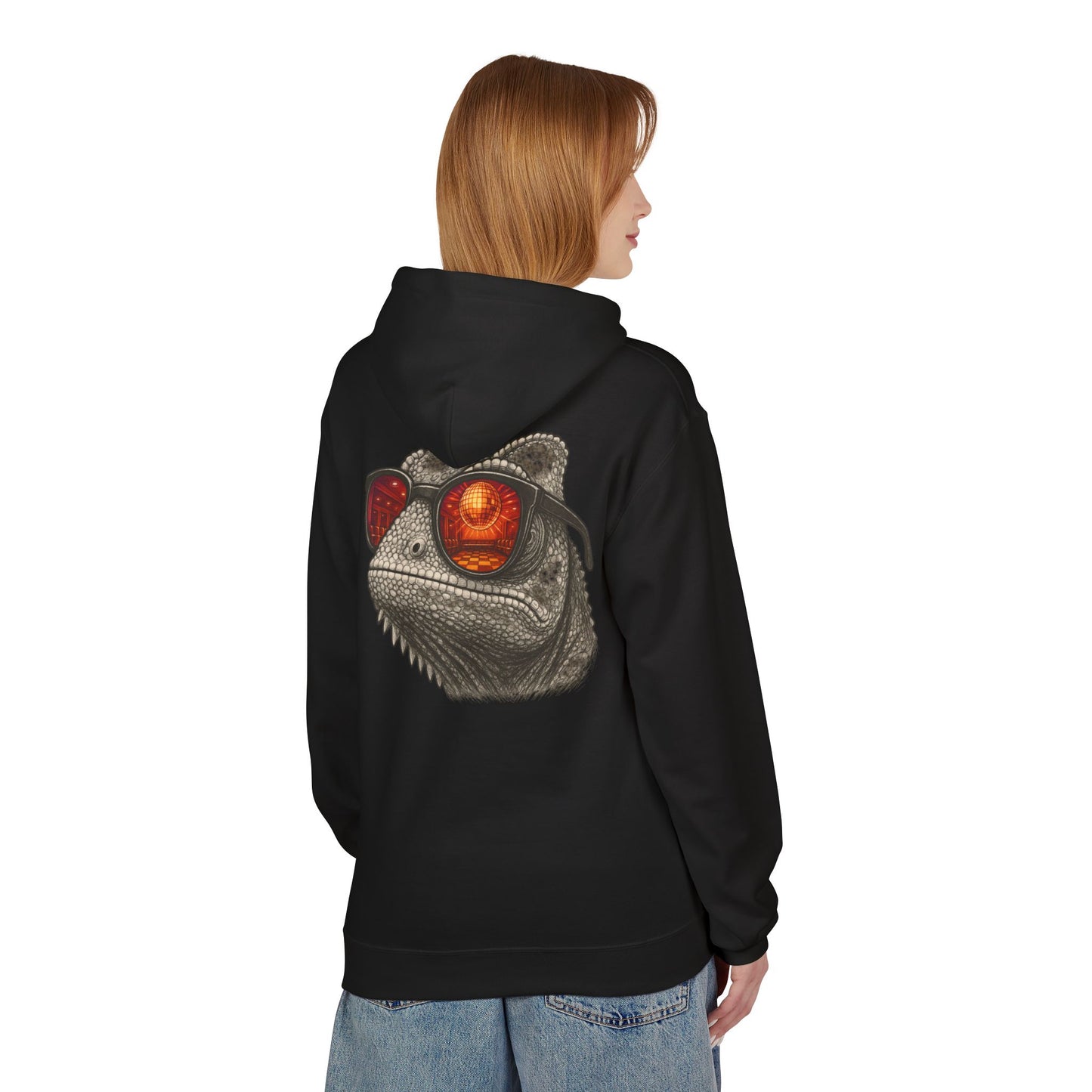 Chamäleon Hoodie Unisex (Rückenprint) – Retro Tiermotiv mit Sonnenbrille & Disco-Design – Lustiger Kapuzenpullover für Festival, Streetwear & Geschenkideen