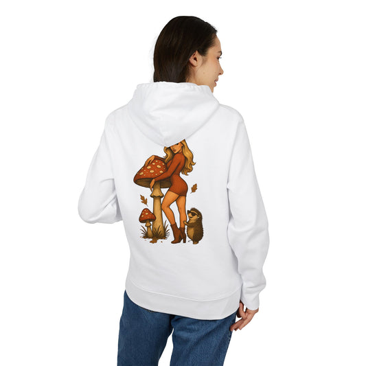 Vintage Pilz Fee & Igel Hoodie (Rückenprint) – Retro Waldmotiv Kapuzenpullover für Natur- & Pilzliebhaber