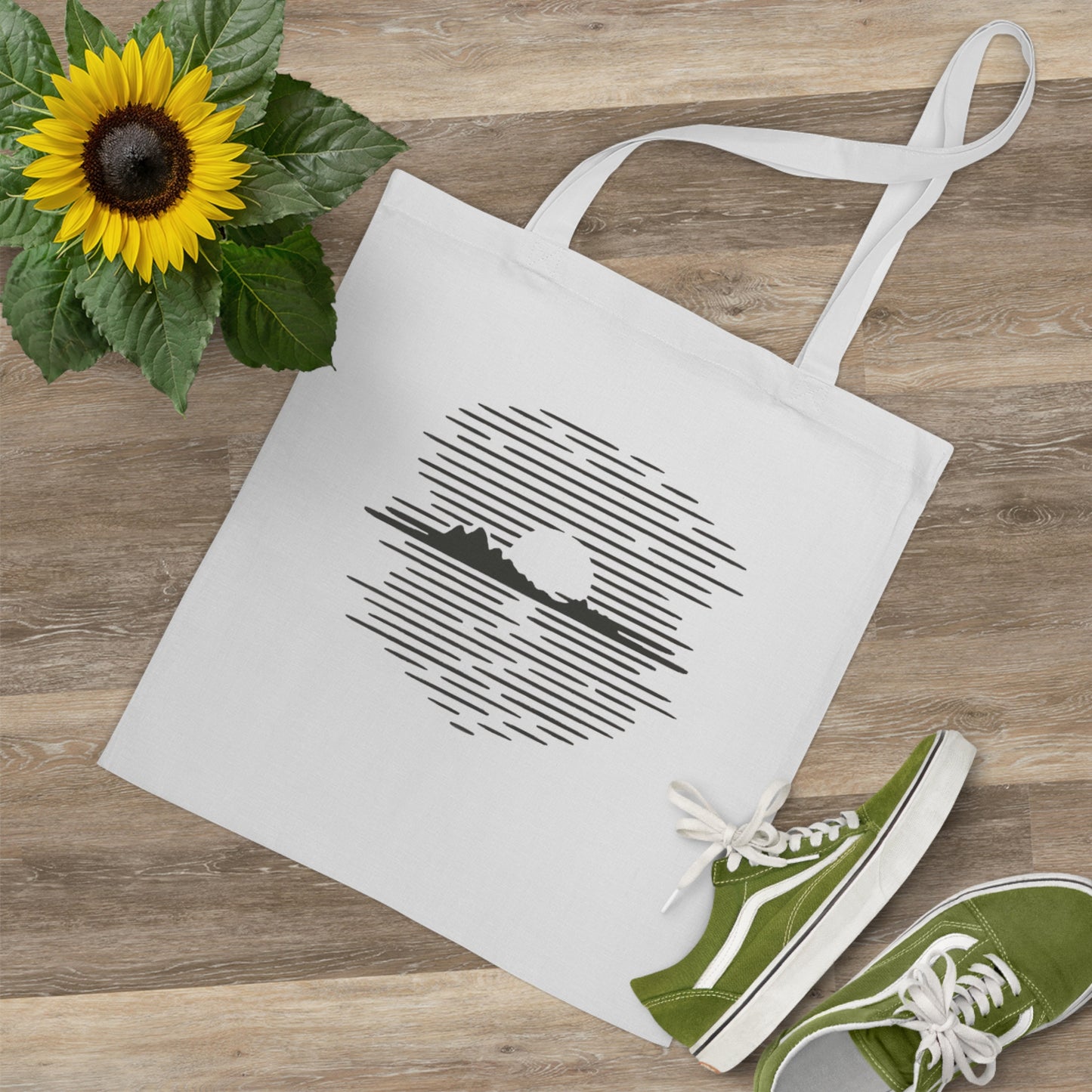 Jutebeutel mit Bergmotiv – Nachhaltige Baumwolltasche mit Sonnenuntergangs-Design, langlebig & umweltfreundlich für Alltag und Freizeit