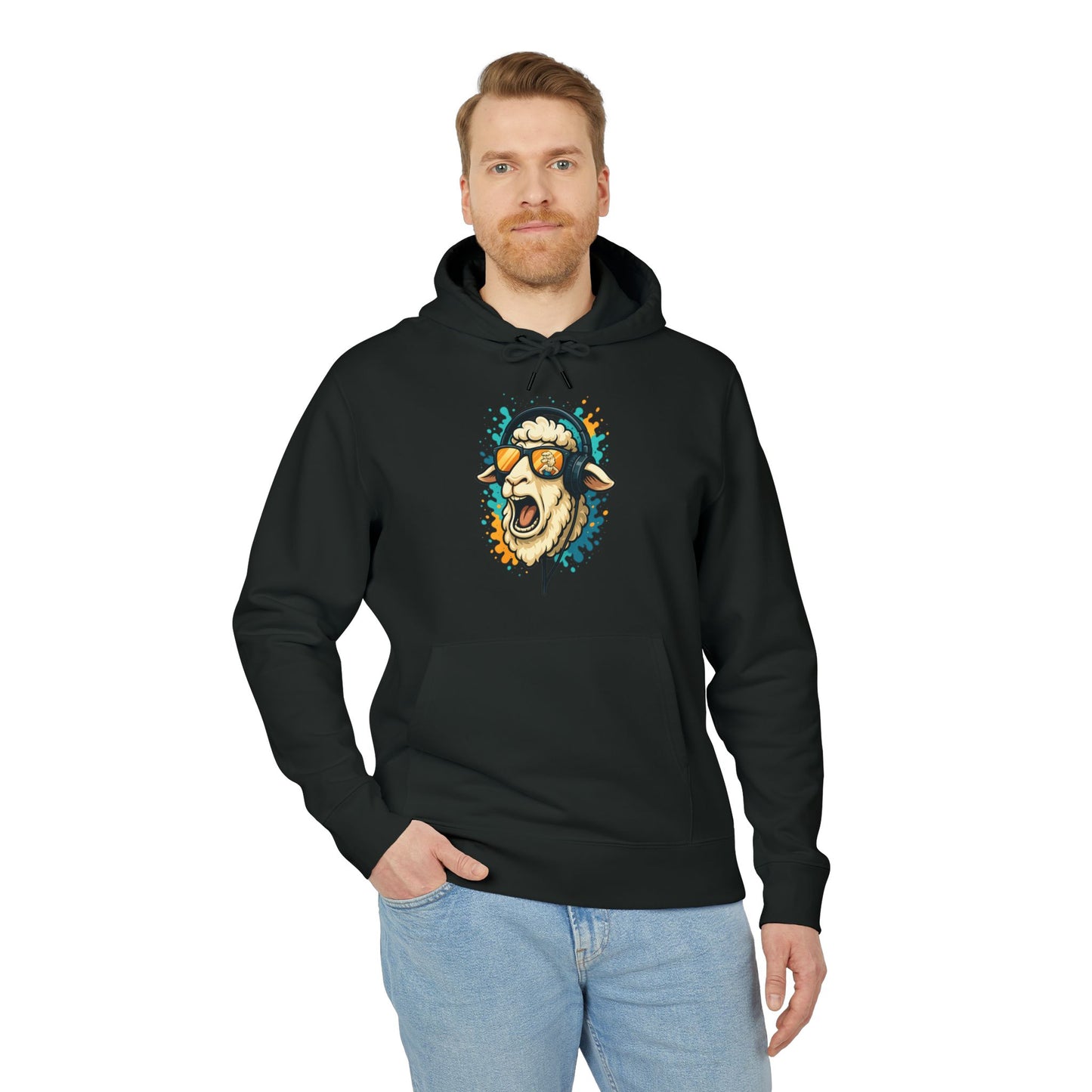 Lustiger Schaf Hoodie (Brustprint) – Unisex Kapuzenpullover mit Kopfhörer & Sonnenbrille – Musik Cartoon Streetwear für Tierfreunde
