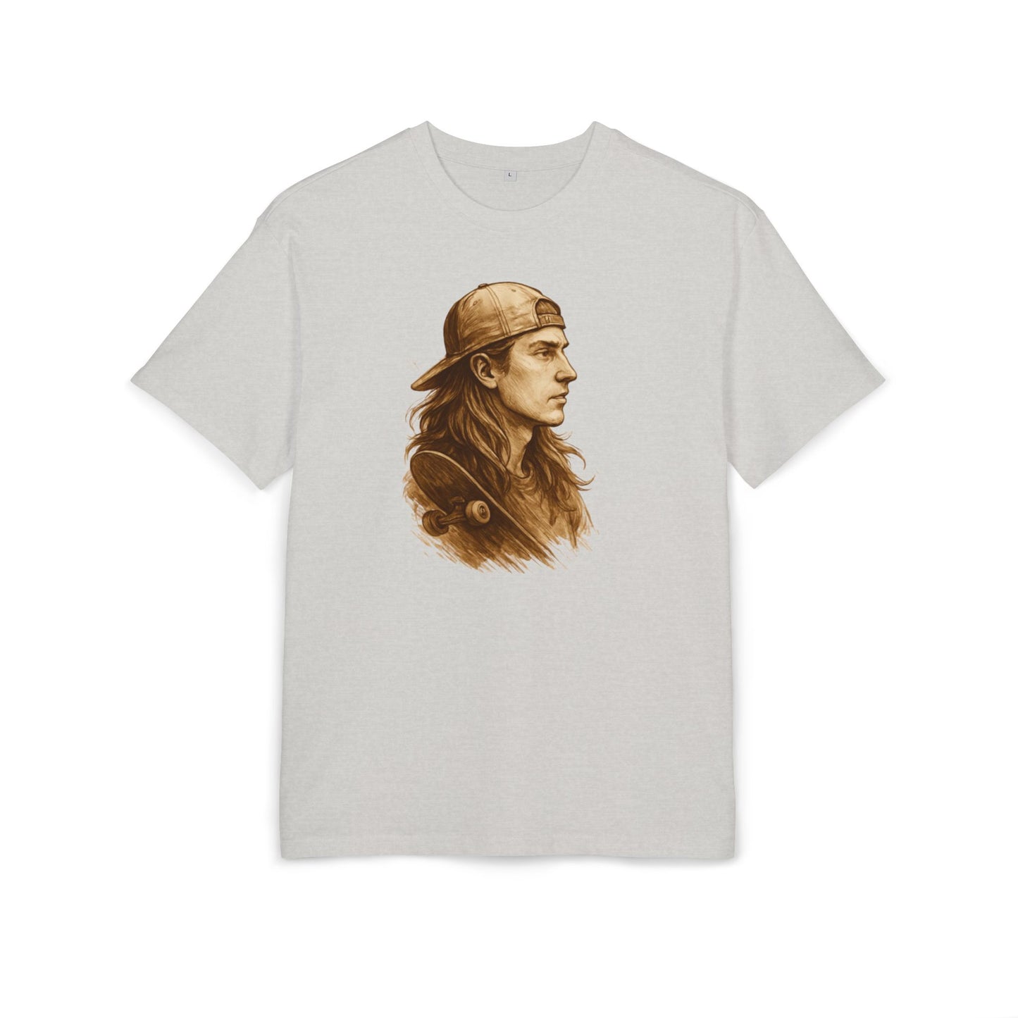 Skater Style T-Shirt (Brustprint) – Retro Kunst-Design mit Langhaar-Skater und Cap – Vintage Skateboard Look