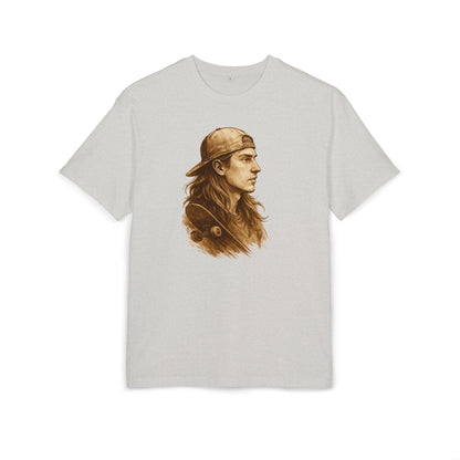 Skater Style T-Shirt (Brustprint) – Retro Kunst-Design mit Langhaar-Skater und Cap – Vintage Skateboard Look