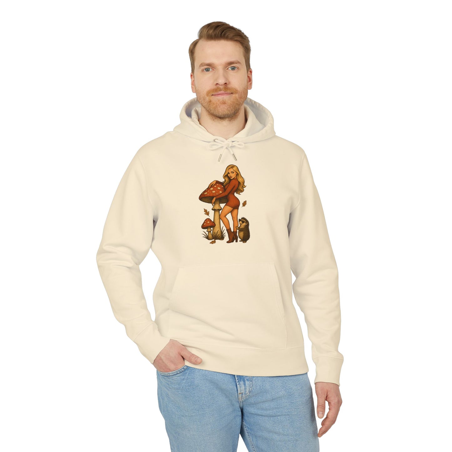 Vintage Pilz Fee & Igel Hoodie (Brustprint) – Retro Waldmotiv Kapuzenpullover für Natur- & Pilzliebhaber