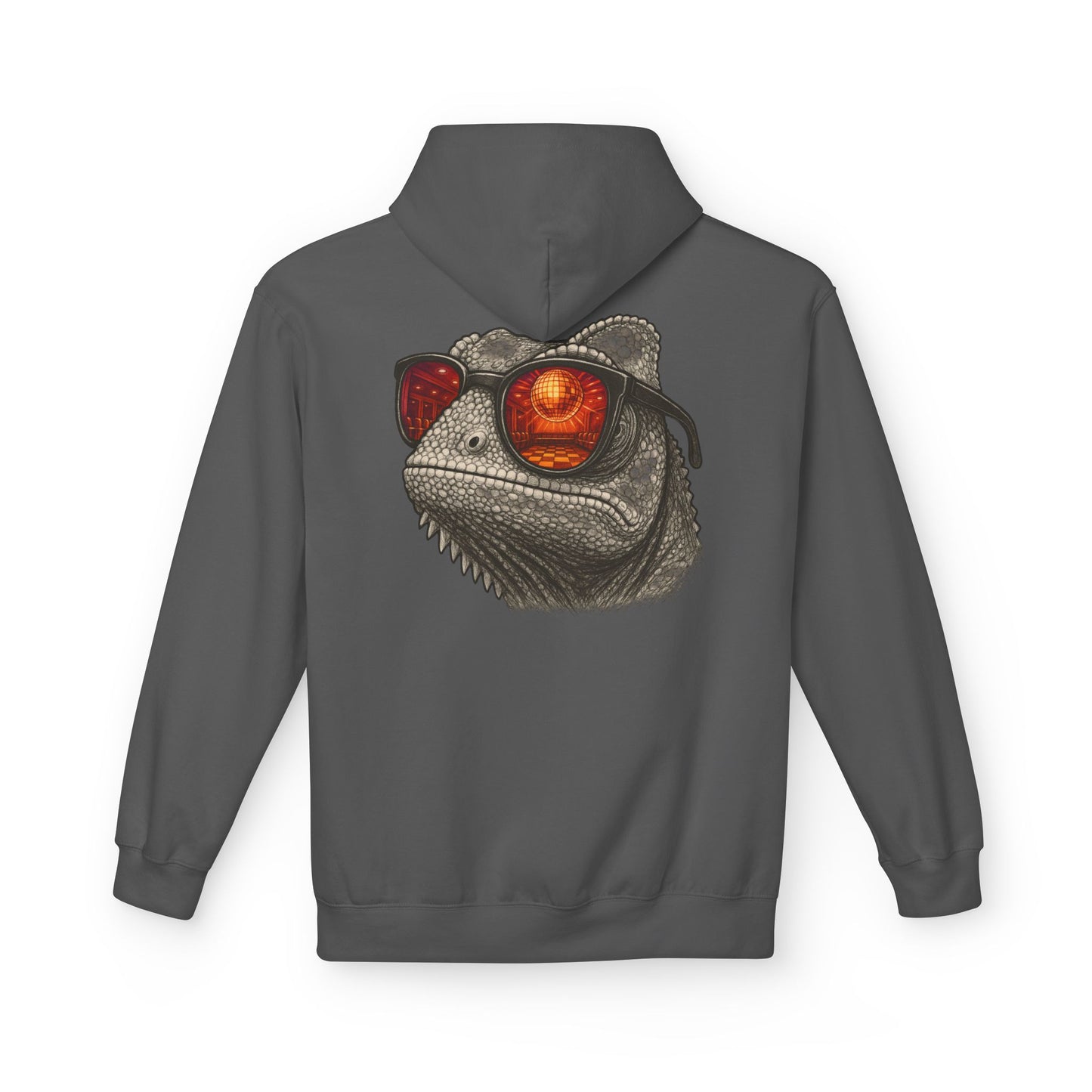 Chamäleon Hoodie Unisex (Rückenprint) – Retro Tiermotiv mit Sonnenbrille & Disco-Design – Lustiger Kapuzenpullover für Festival, Streetwear & Geschenkideen