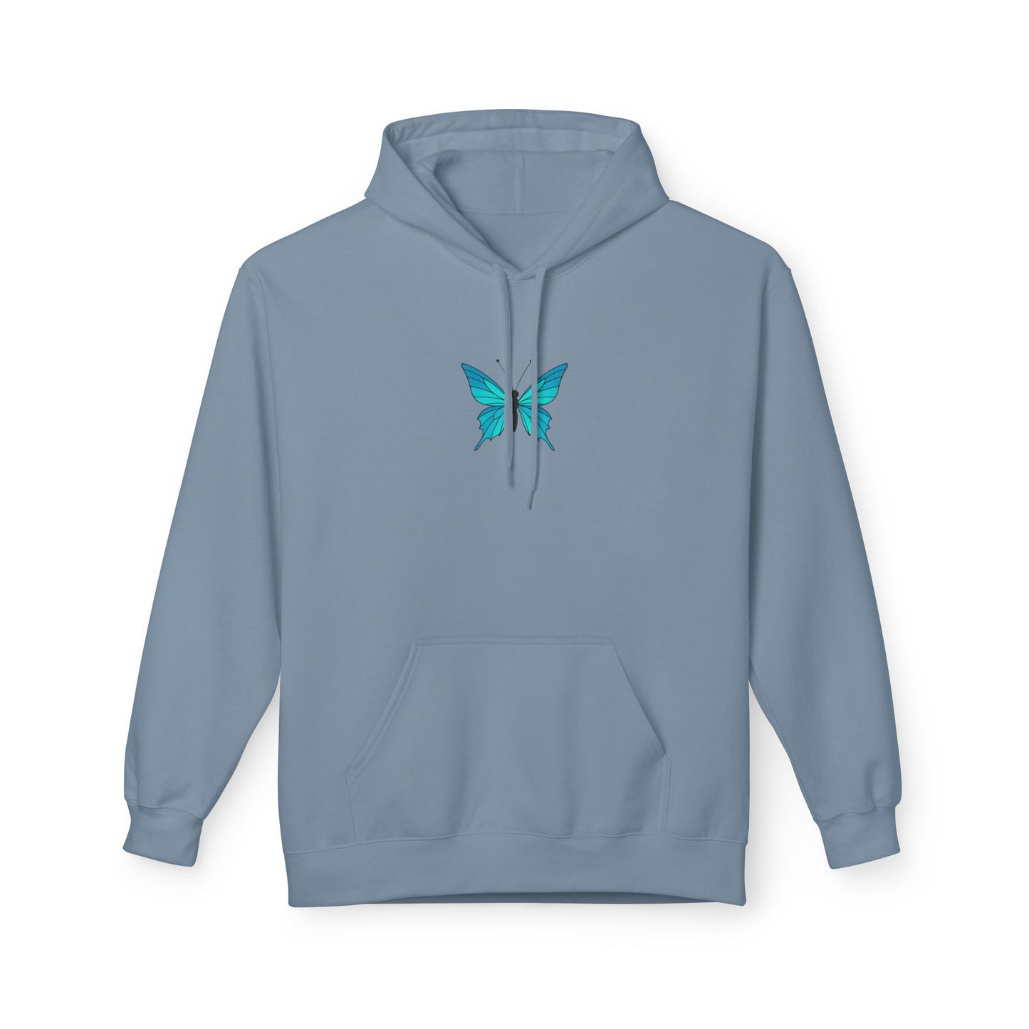 Blauer Schmetterling Hoodie Unisex (Brustprint) – Leuchtendes Butterfly Design | Nachhaltiger Kapuzenpullover aus Baumwolle