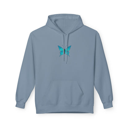 Blauer Schmetterling Hoodie Unisex (Brustprint) – Leuchtendes Butterfly Design | Nachhaltiger Kapuzenpullover aus Baumwolle