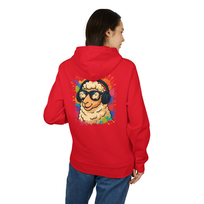 Schaf Hoodie (Rückenprint) – Lustiger Unisex Kapuzenpullover mit Kopfhörer-Schaf & buntem Farbspritzer-Design