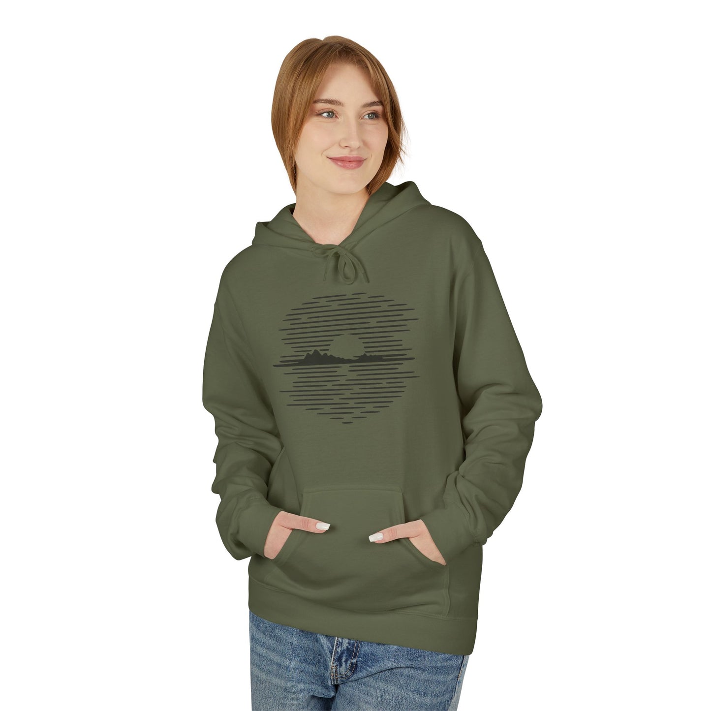 Unisex Hoodie mit Berg-Sonnenuntergang Design (Brustprint) – Minimalistischer Natur Pullover aus Baumwolle