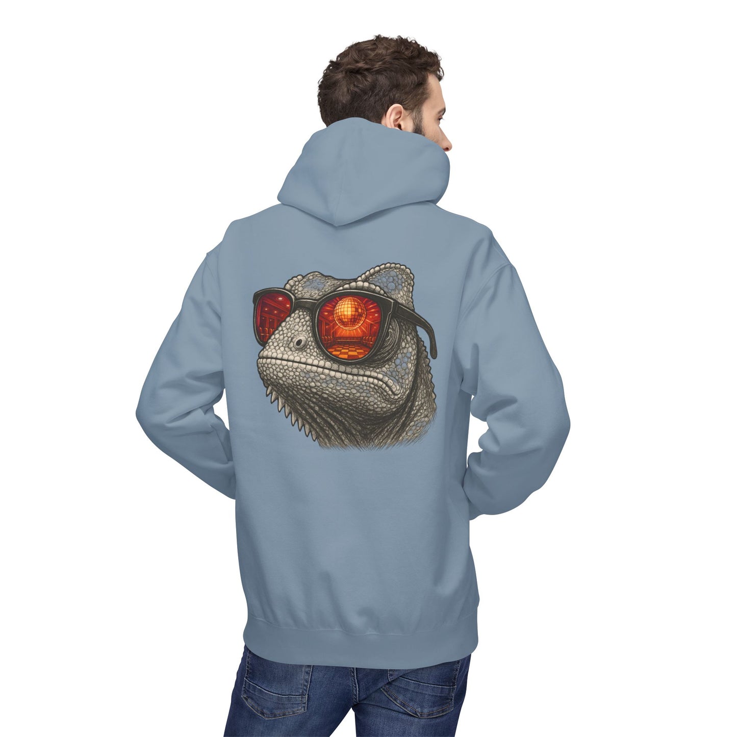 Chamäleon Hoodie Unisex (Rückenprint) – Retro Tiermotiv mit Sonnenbrille & Disco-Design – Lustiger Kapuzenpullover für Festival, Streetwear & Geschenkideen
