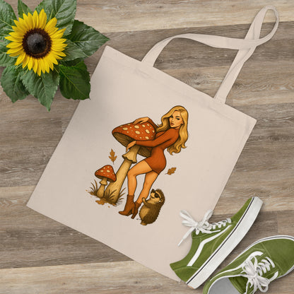 Vintage Pilz Fee & Igel Jutebeutel – Retro Waldmotiv Stofftasche für Natur- & Pilzliebhaber