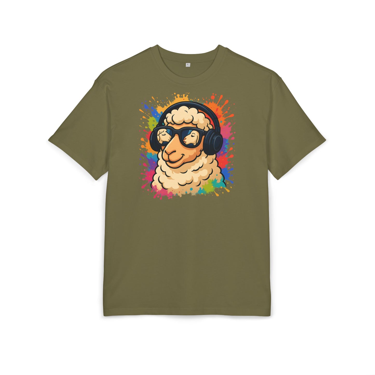 Cooles Schaf T-Shirt (Brustprint) – Lustiges Streetwear Shirt mit Kopfhörer-Schaf & Farbspritzer-Design | Unisex