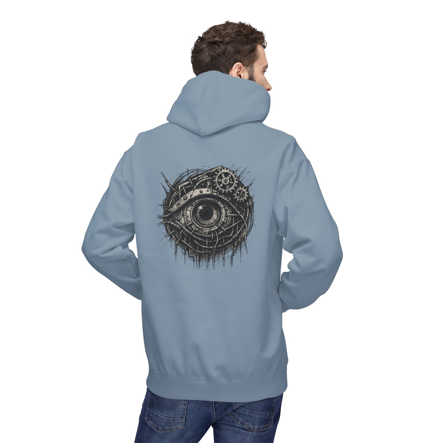 Biomechanisches Auge Hoodie Unisex – Cyberpunk Kapuzenpullover mit Zahnrädern & Kabeln | Futuristischer Techwear Look