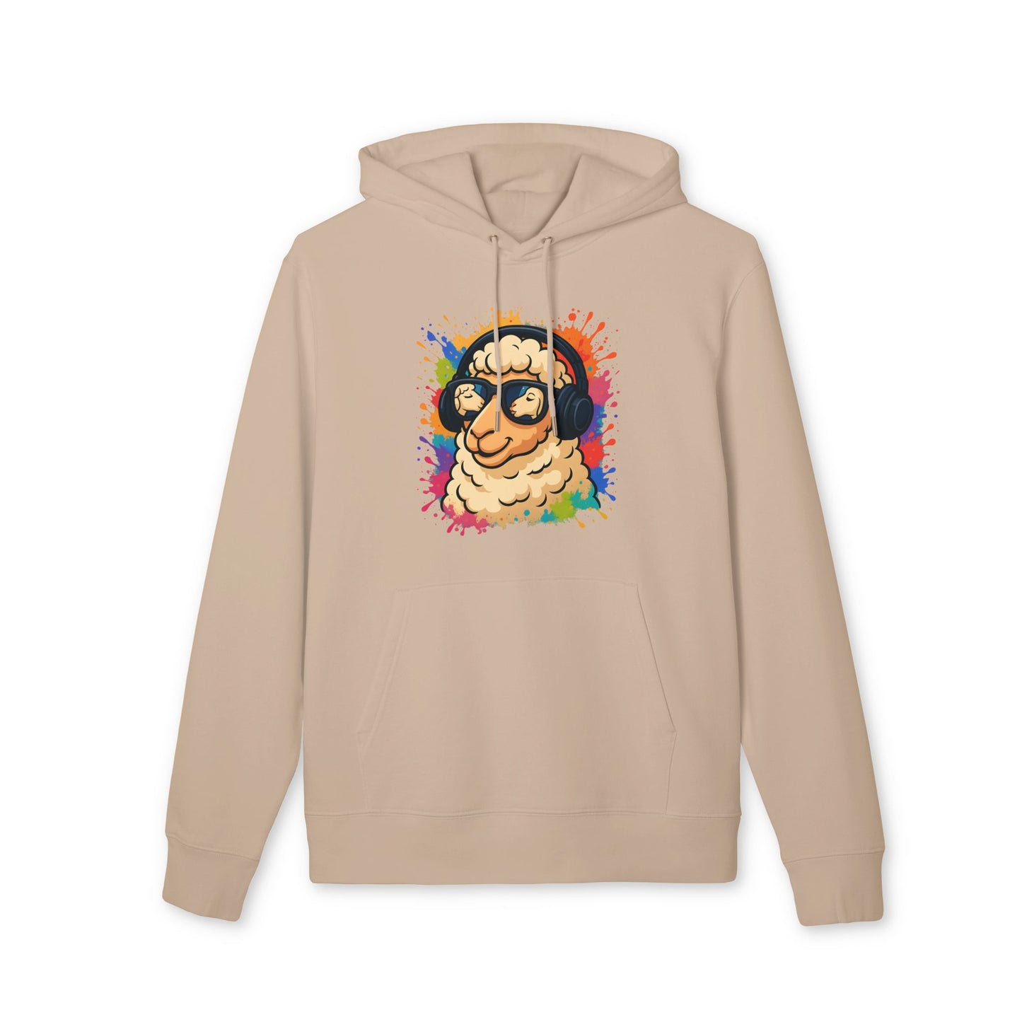 Schaf Hoodie (Brustprint) – Lustiger Unisex Kapuzenpullover mit Kopfhörer-Schaf & buntem Farbspritzer-Design