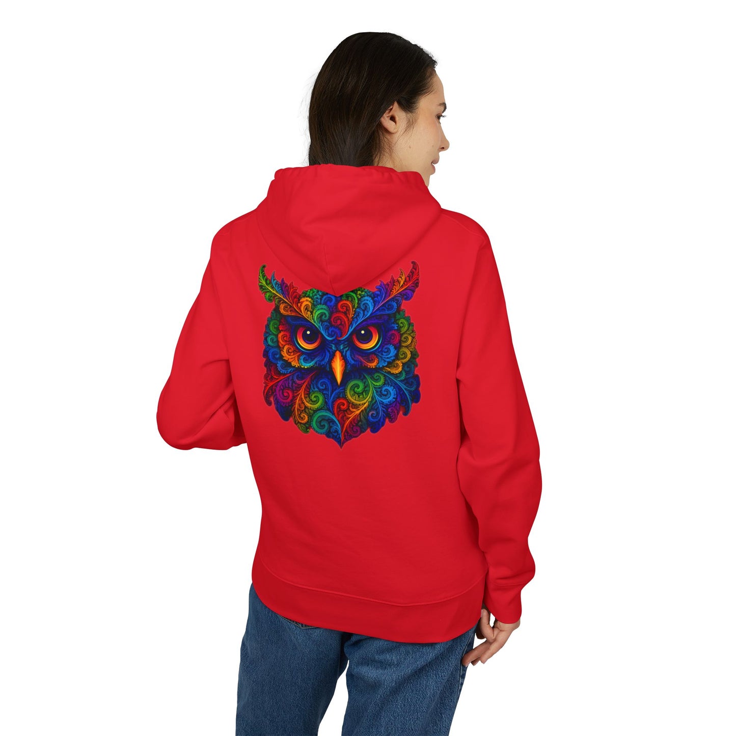 Bunter Eulen Hoodie (Rückenprint) – Psychedelischer Boho Kapuzenpullover mit Tiermotiv – Unisex Streetwear für Kunst- & Festival-Fans