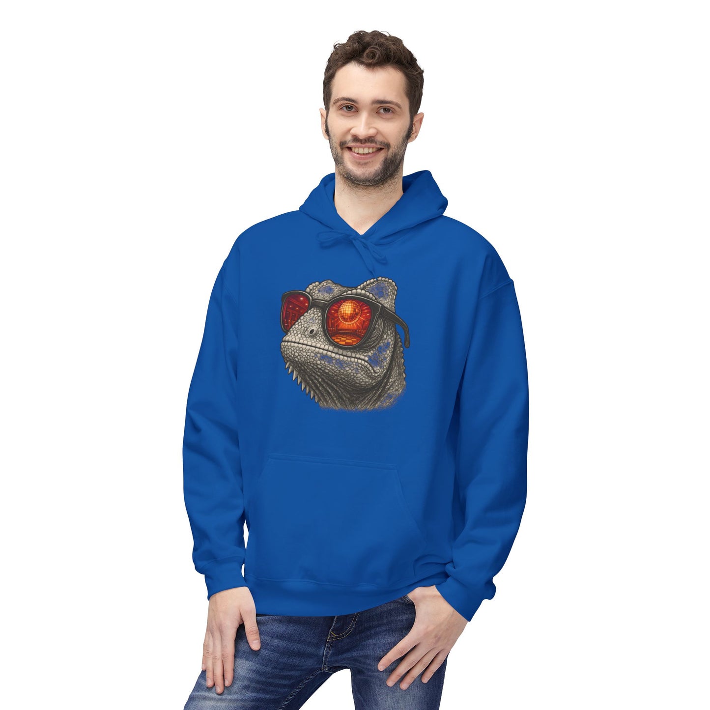 Chamäleon Hoodie Unisex (Brustprint) – Retro Tiermotiv mit Sonnenbrille & Disco-Design – Lustiger Kapuzenpullover für Festival, Streetwear & Geschenkideen