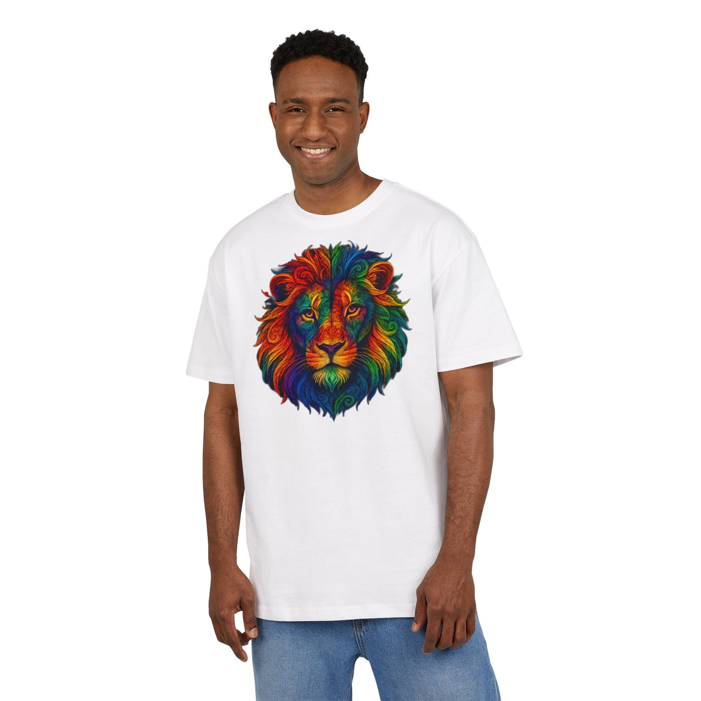 Buntes Löwen T-Shirt (Brustprint) – Psychedelisches Tiermotiv im Boho-Stil – Unisex Oversize Shirt für Kunst-, Natur- & Festival-Fans