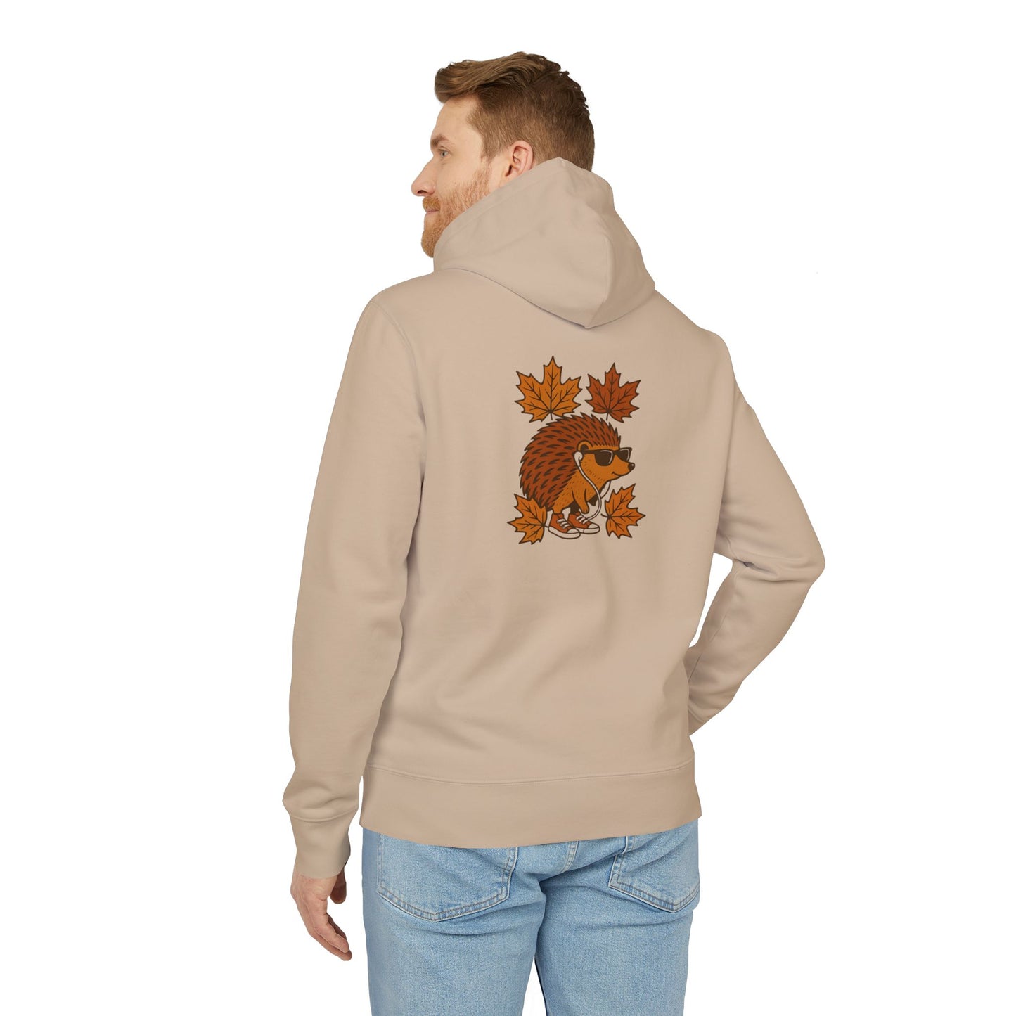 Herbst Igel Hoodie (Rückenprint) – Lustiger Kapuzenpullover mit Cartoon-Design, Sonnenbrille & Ahornblättern