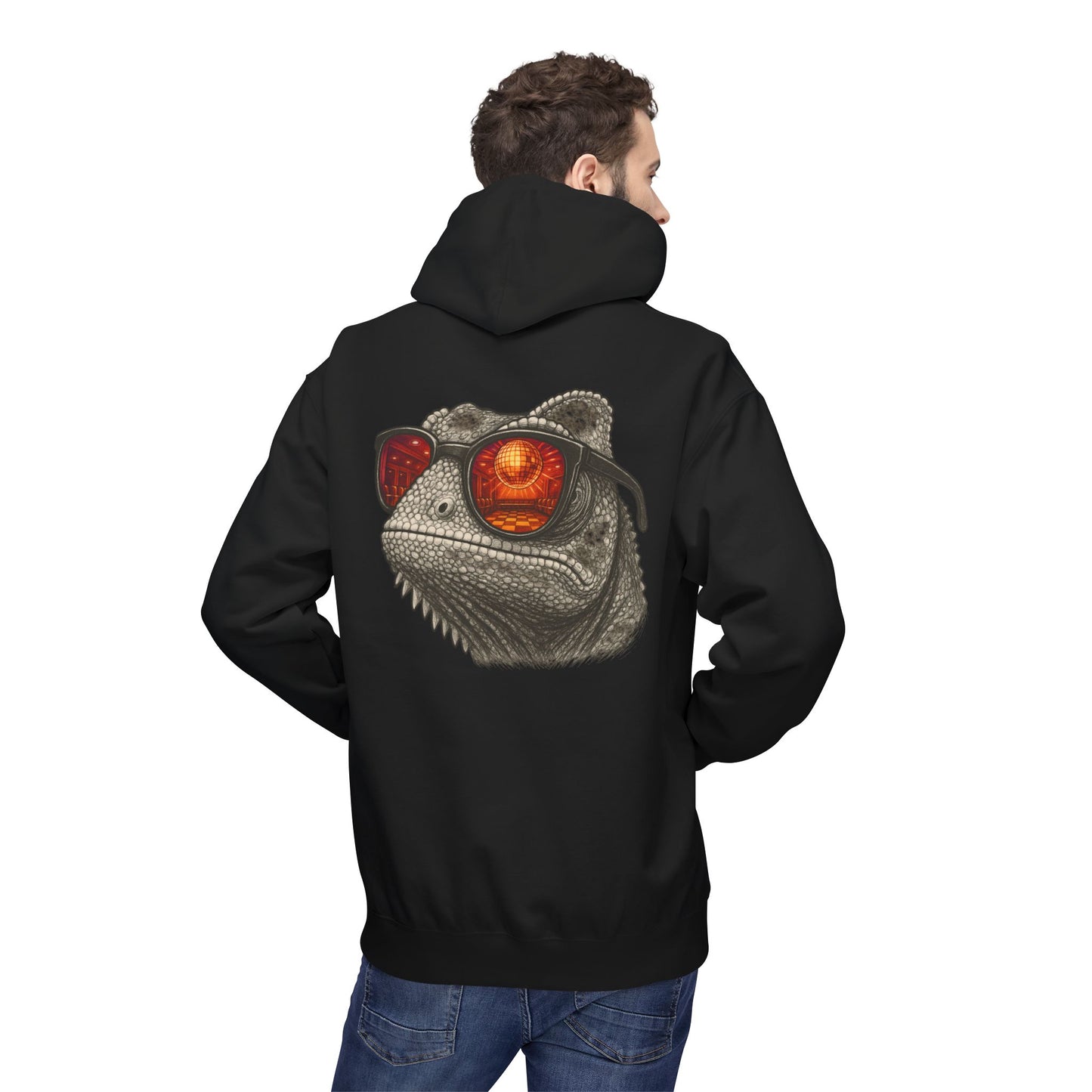 Chamäleon Hoodie Unisex (Rückenprint) – Retro Tiermotiv mit Sonnenbrille & Disco-Design – Lustiger Kapuzenpullover für Festival, Streetwear & Geschenkideen