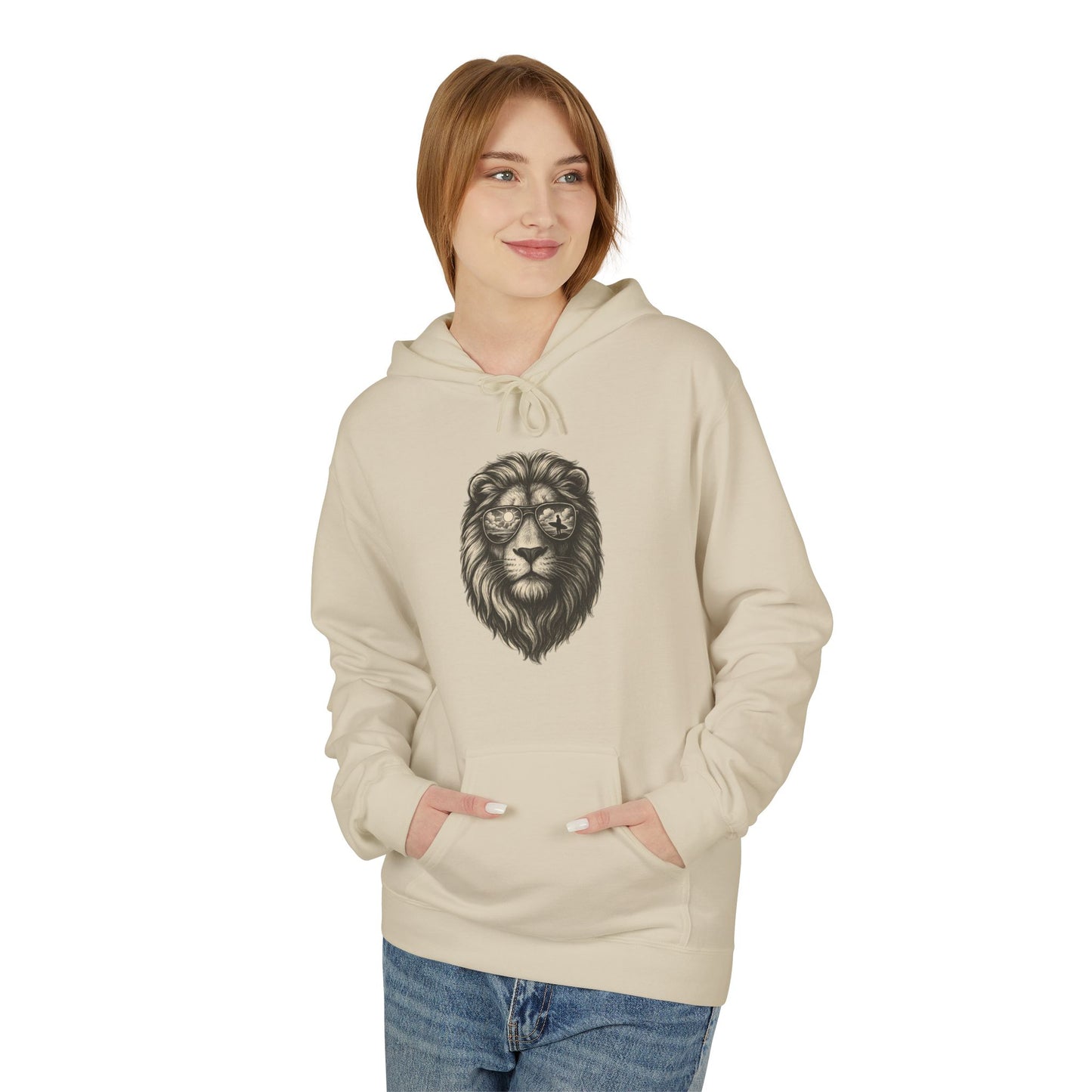 Löwe mit Sonnenbrille Hoodie (Brustprint) – Stylischer Unisex Kapuzenpullover mit Löwenmotiv für Tierfreunde & Streetwear-Fans