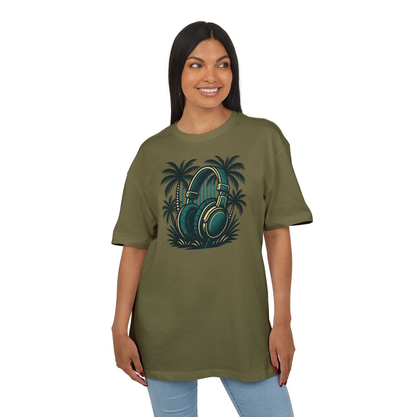 Retro T-Shirt mit Kopfhörer & Palmen (Brustprint)– Musik & Beach Vibes im Vintage Look