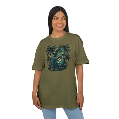 Retro T-Shirt mit Kopfhörer & Palmen (Brustprint)– Musik & Beach Vibes im Vintage Look
