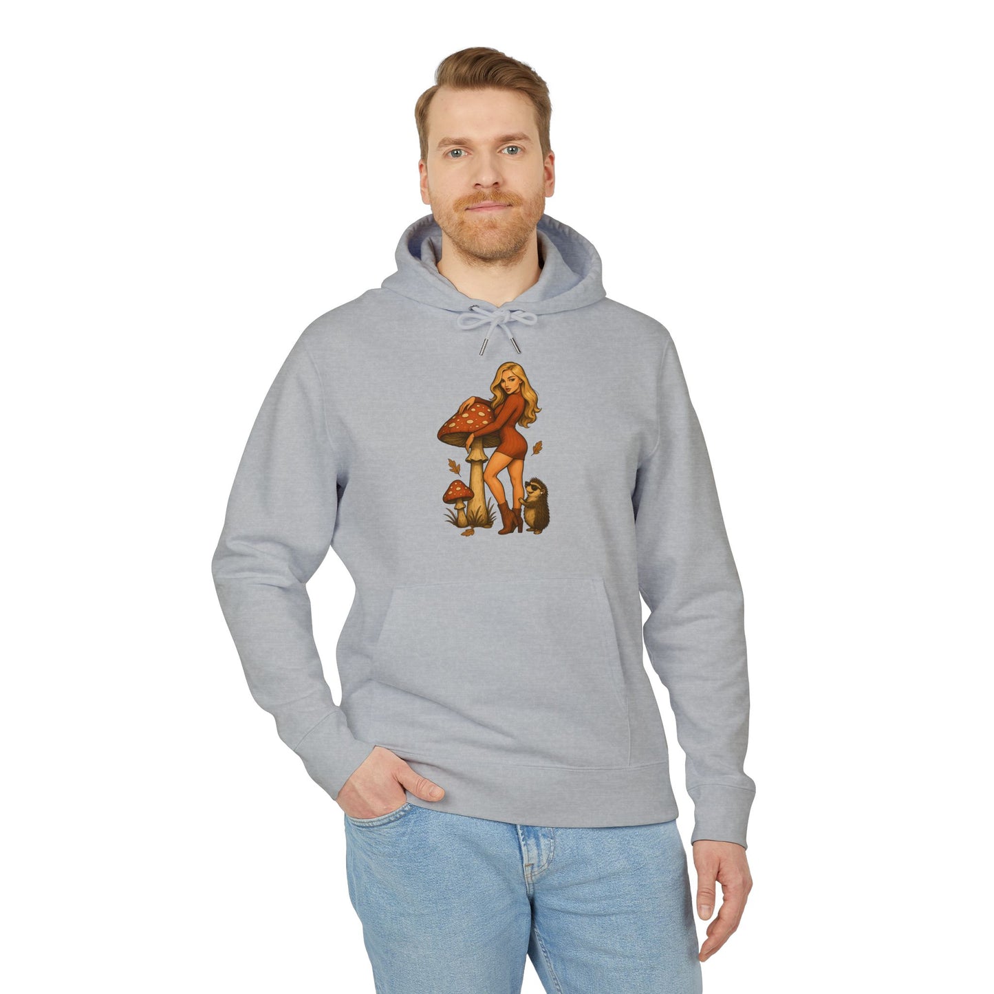 Vintage Pilz Fee & Igel Hoodie (Brustprint) – Retro Waldmotiv Kapuzenpullover für Natur- & Pilzliebhaber