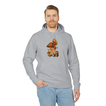 Vintage Pilz Fee & Igel Hoodie (Brustprint) – Retro Waldmotiv Kapuzenpullover für Natur- & Pilzliebhaber