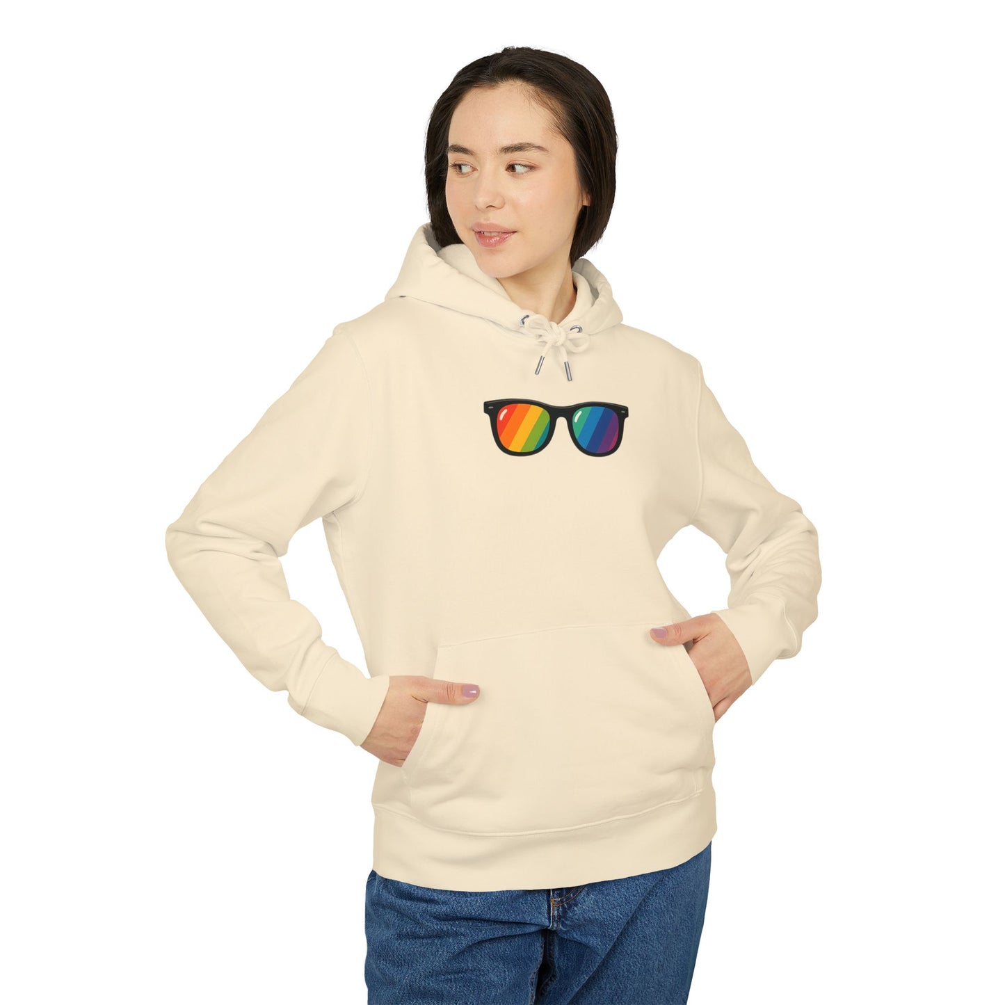 Regenbogen Sonnenbrille Hoodie (Brustprint) – Unisex Kapuzenpullover im bunten Pride Design für Festival & Streetwear