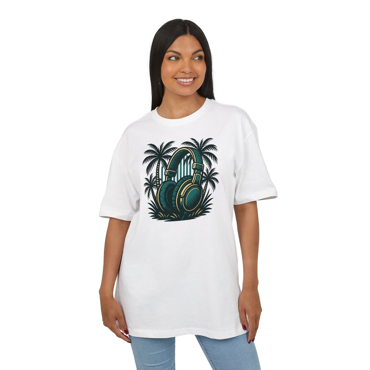 Retro T-Shirt mit Kopfhörer & Palmen (Brustprint)– Musik & Beach Vibes im Vintage Look
