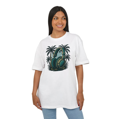 Retro T-Shirt mit Kopfhörer & Palmen (Brustprint)– Musik & Beach Vibes im Vintage Look