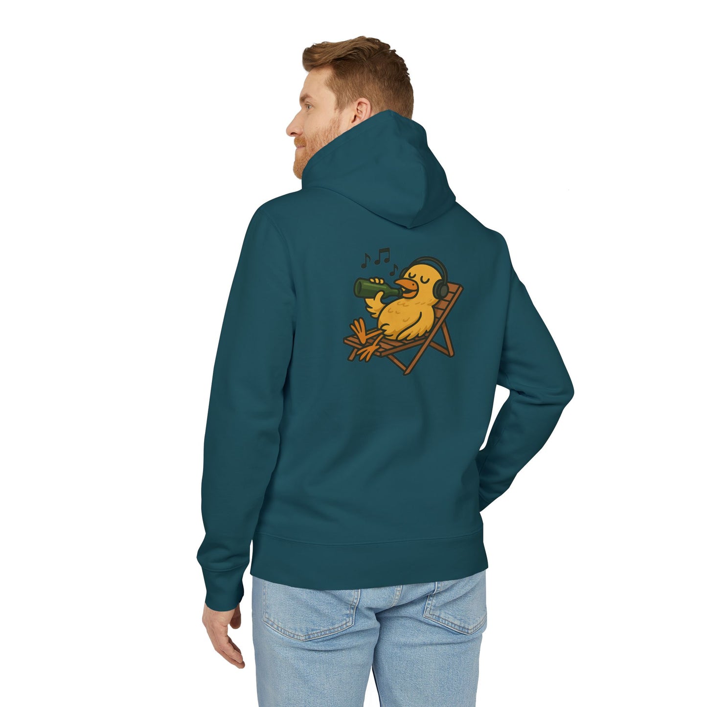 Chillente Hoodie (Rückenprint) – Lustiger Unisex Kapuzenpullover mit Ente, Bier & Musik-Motiv | Perfekt für Freizeit, Festivals & Sommer