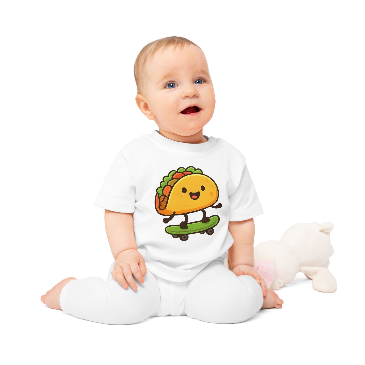 Baby T-Shirt „Taco Skater“ – Lustiges Taco-Motiv auf Skateboard, Bio-Baumwolle, nachhaltige Babybekleidung für kleine Trendsetter
