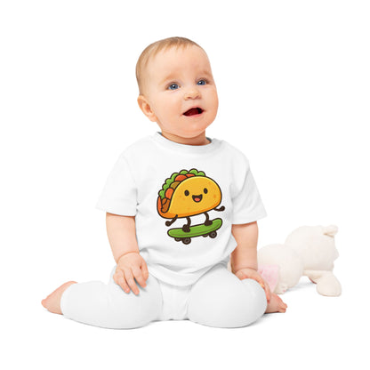 Baby T-Shirt „Taco Skater“ – Lustiges Taco-Motiv auf Skateboard, Bio-Baumwolle, nachhaltige Babybekleidung für kleine Trendsetter