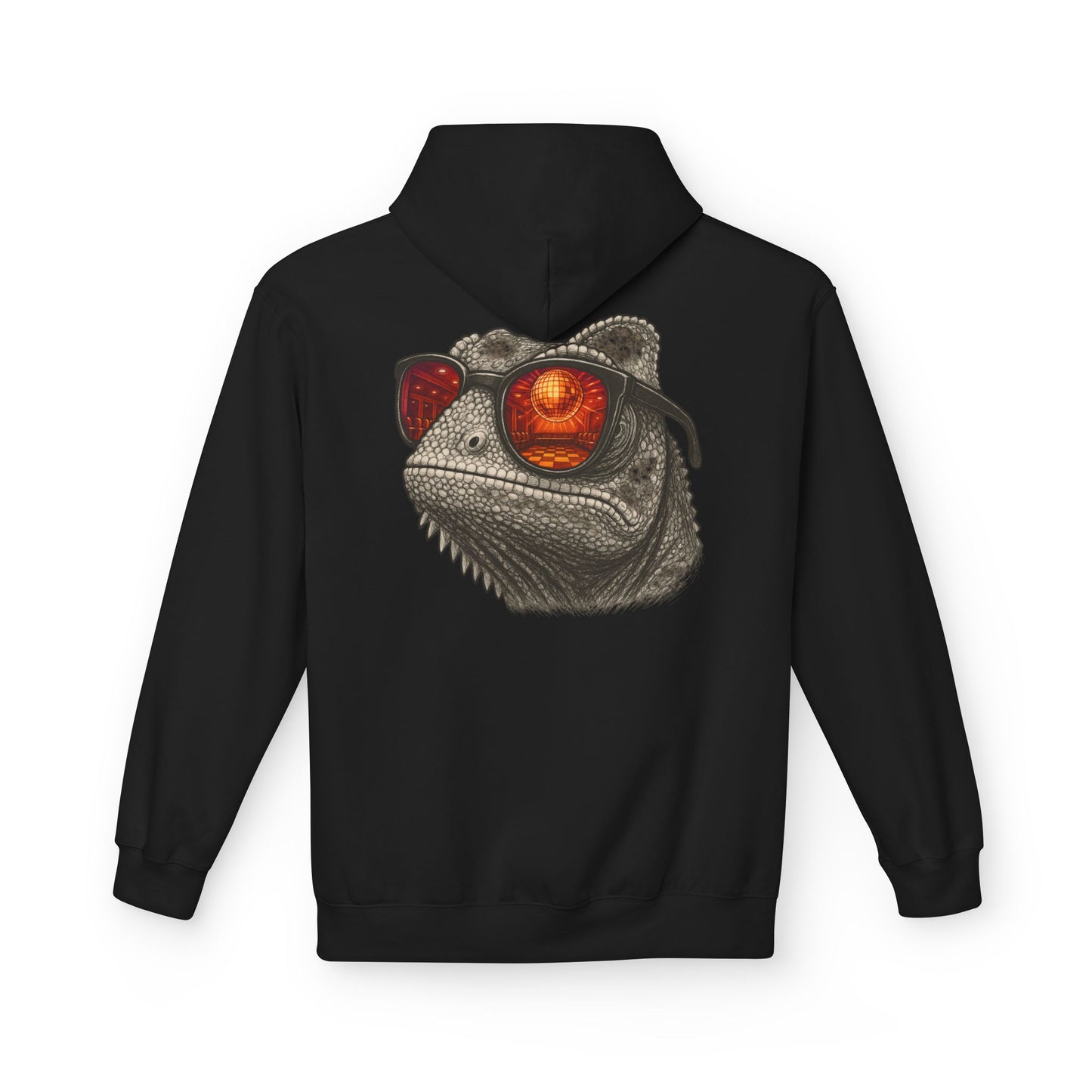 Chamäleon Hoodie Unisex (Rückenprint) – Retro Tiermotiv mit Sonnenbrille & Disco-Design – Lustiger Kapuzenpullover für Festival, Streetwear & Geschenkideen