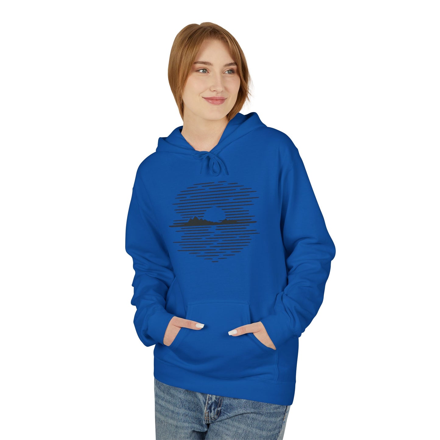 Unisex Hoodie mit Berg-Sonnenuntergang Design (Brustprint) – Minimalistischer Natur Pullover aus Baumwolle
