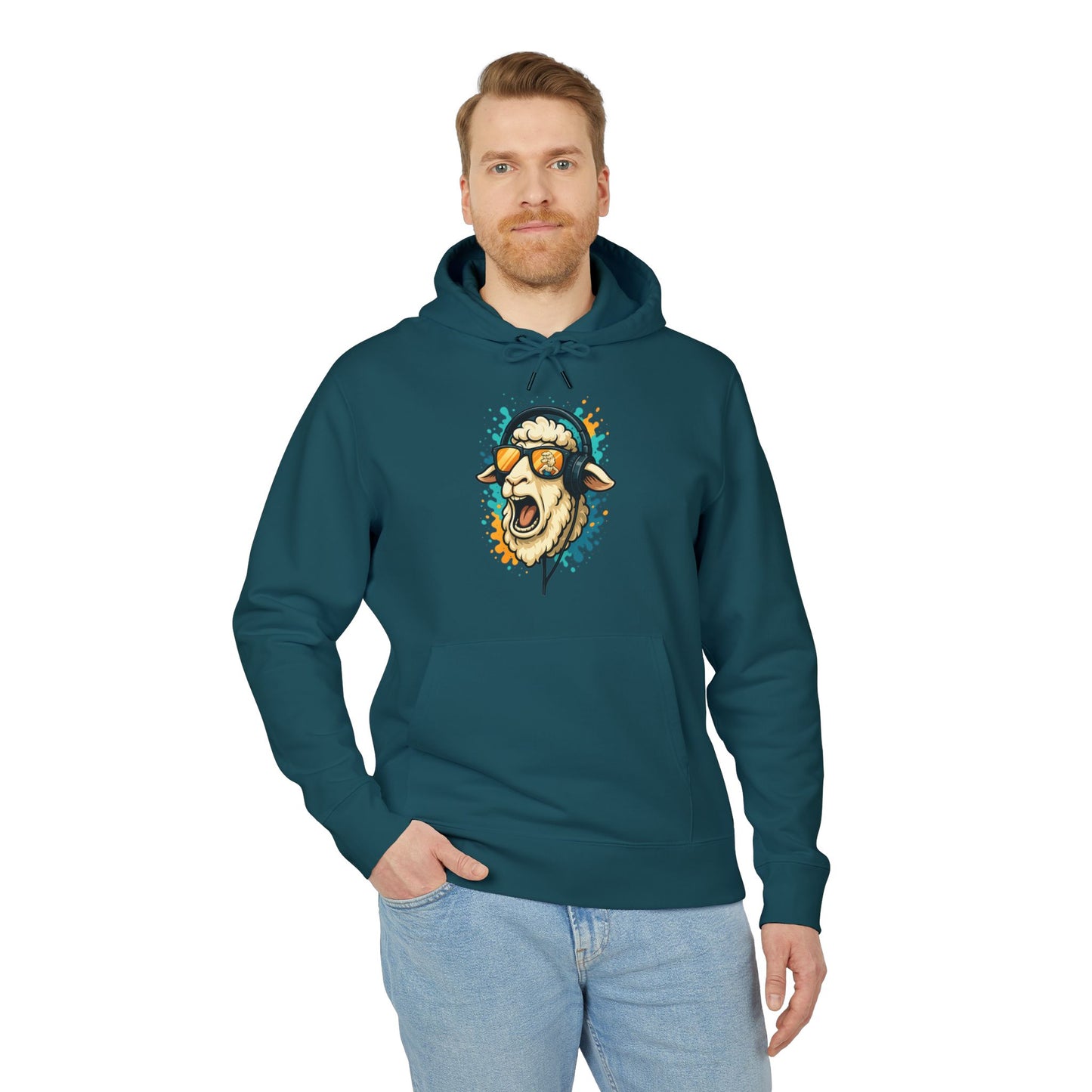 Lustiger Schaf Hoodie (Brustprint) – Unisex Kapuzenpullover mit Kopfhörer & Sonnenbrille – Musik Cartoon Streetwear für Tierfreunde