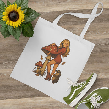 Vintage Pilz Fee & Igel Jutebeutel – Retro Waldmotiv Stofftasche für Natur- & Pilzliebhaber