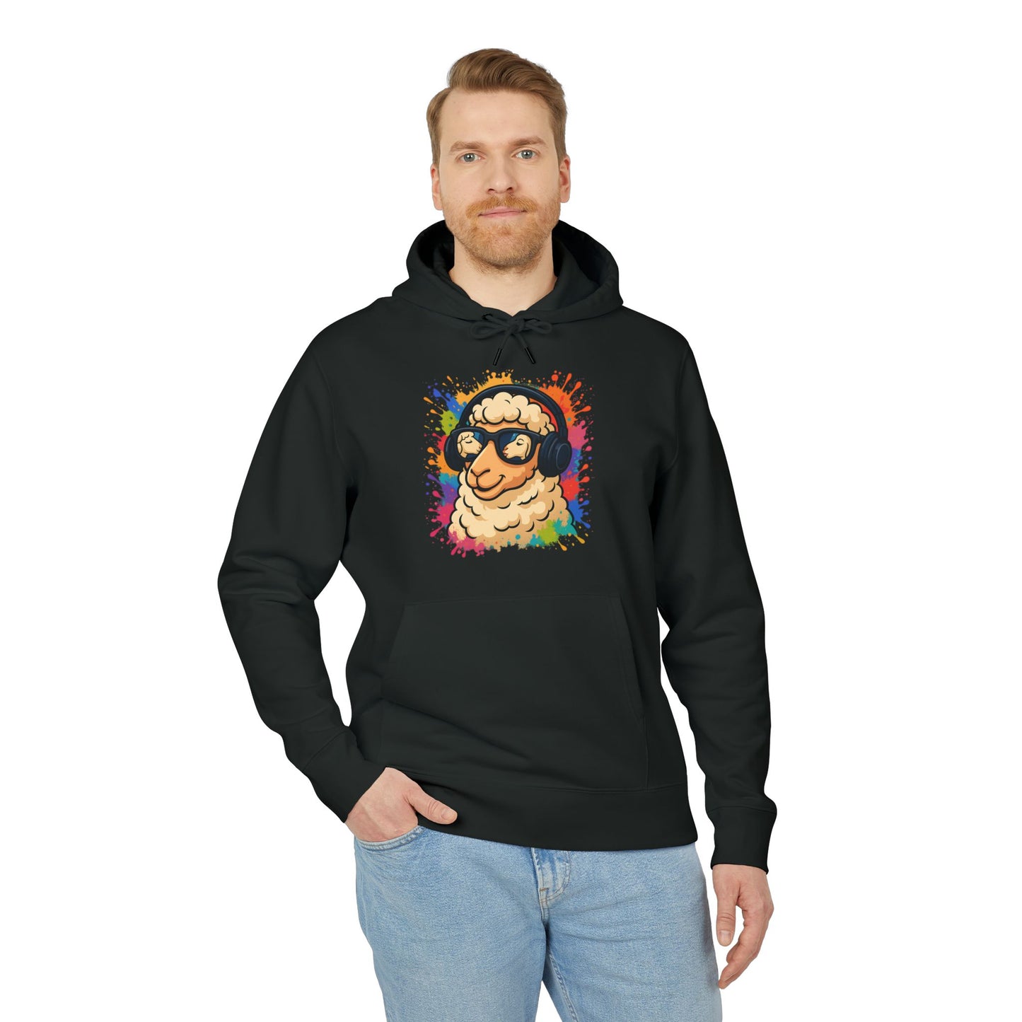 Schaf Hoodie (Brustprint) – Lustiger Unisex Kapuzenpullover mit Kopfhörer-Schaf & buntem Farbspritzer-Design