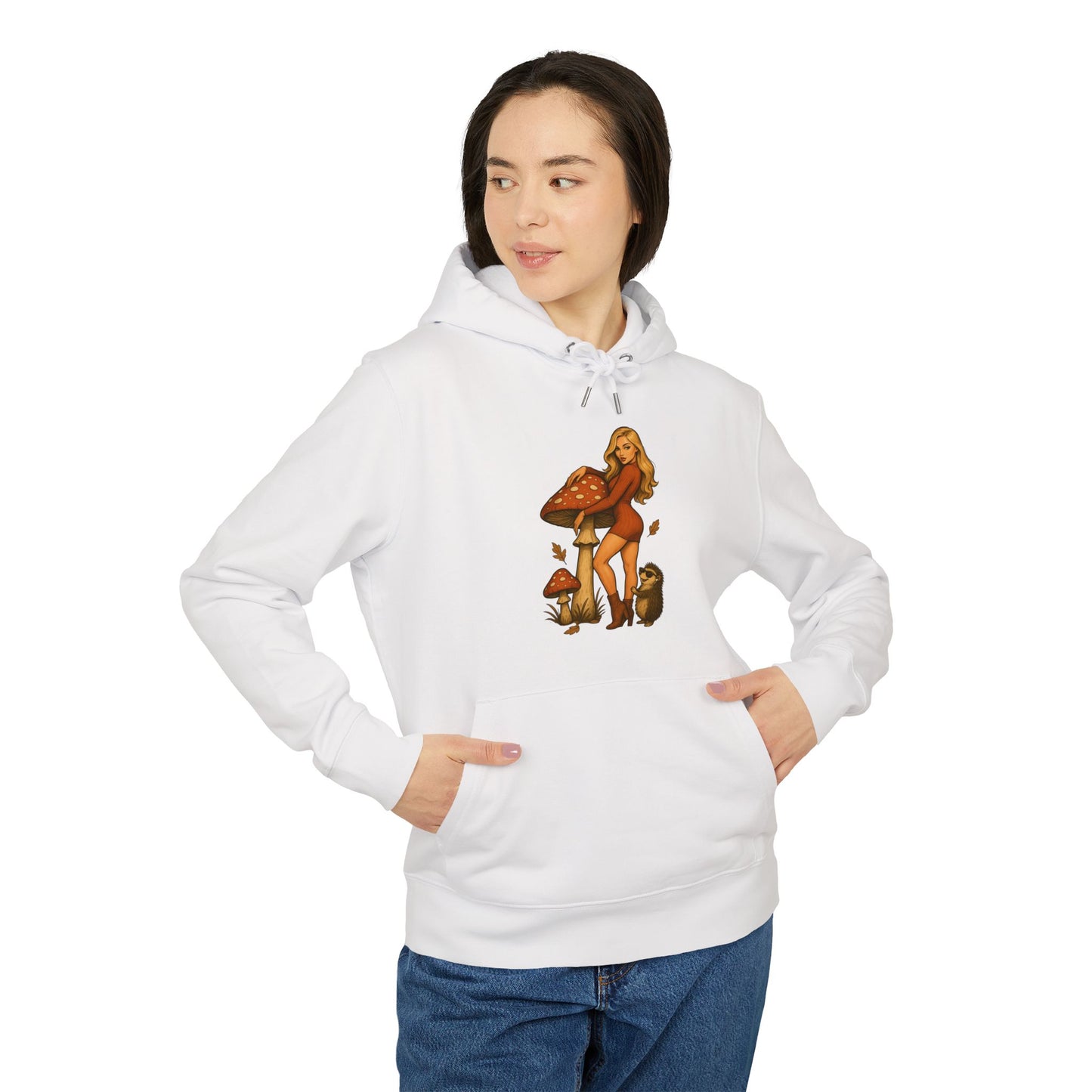 Vintage Pilz Fee & Igel Hoodie (Brustprint) – Retro Waldmotiv Kapuzenpullover für Natur- & Pilzliebhaber