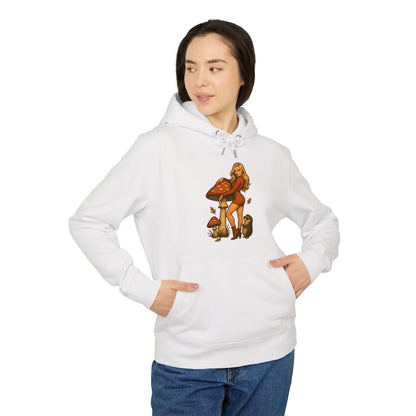 Vintage Pilz Fee & Igel Hoodie (Brustprint) – Retro Waldmotiv Kapuzenpullover für Natur- & Pilzliebhaber