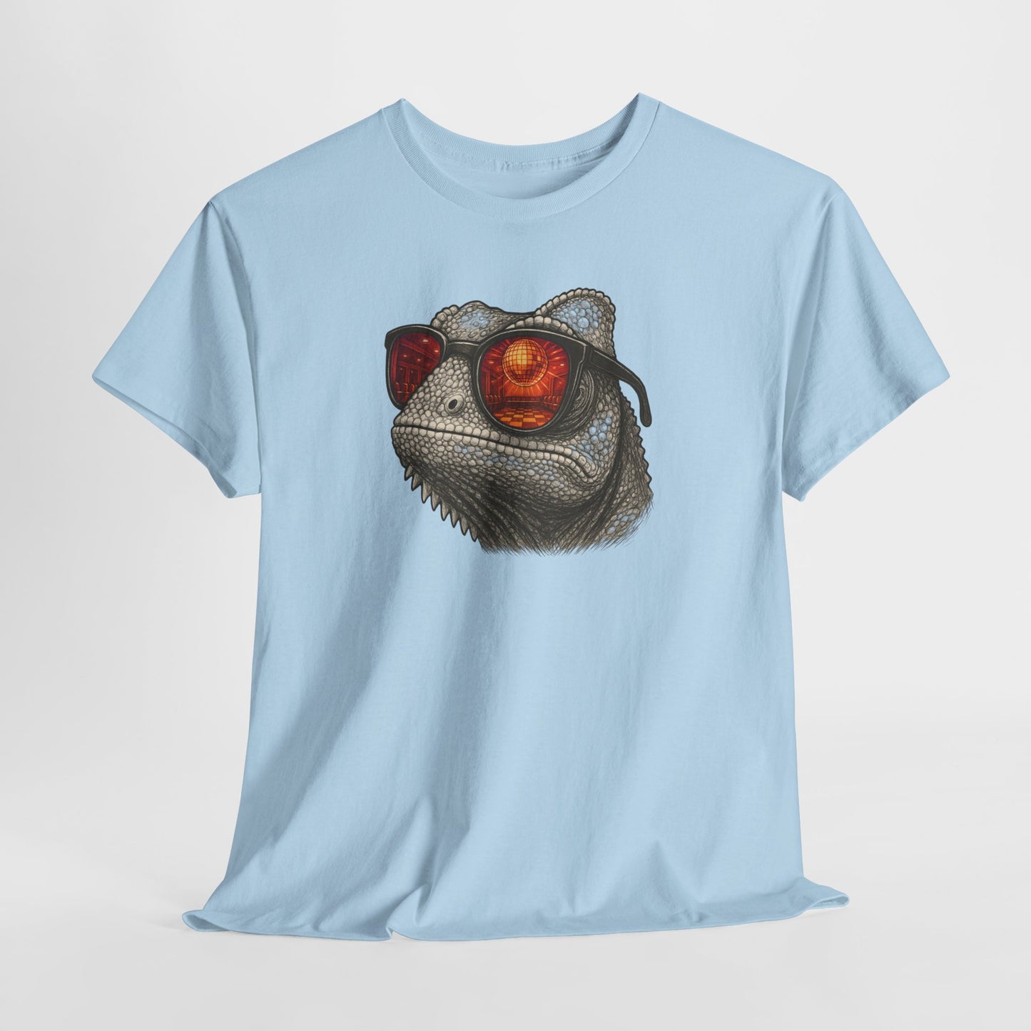 Chamäleon Disco T-Shirt (Brustprint) – Lustiges Tiermotiv mit Sonnenbrille | Retro Club Design für Tierfreunde & Festivalfans