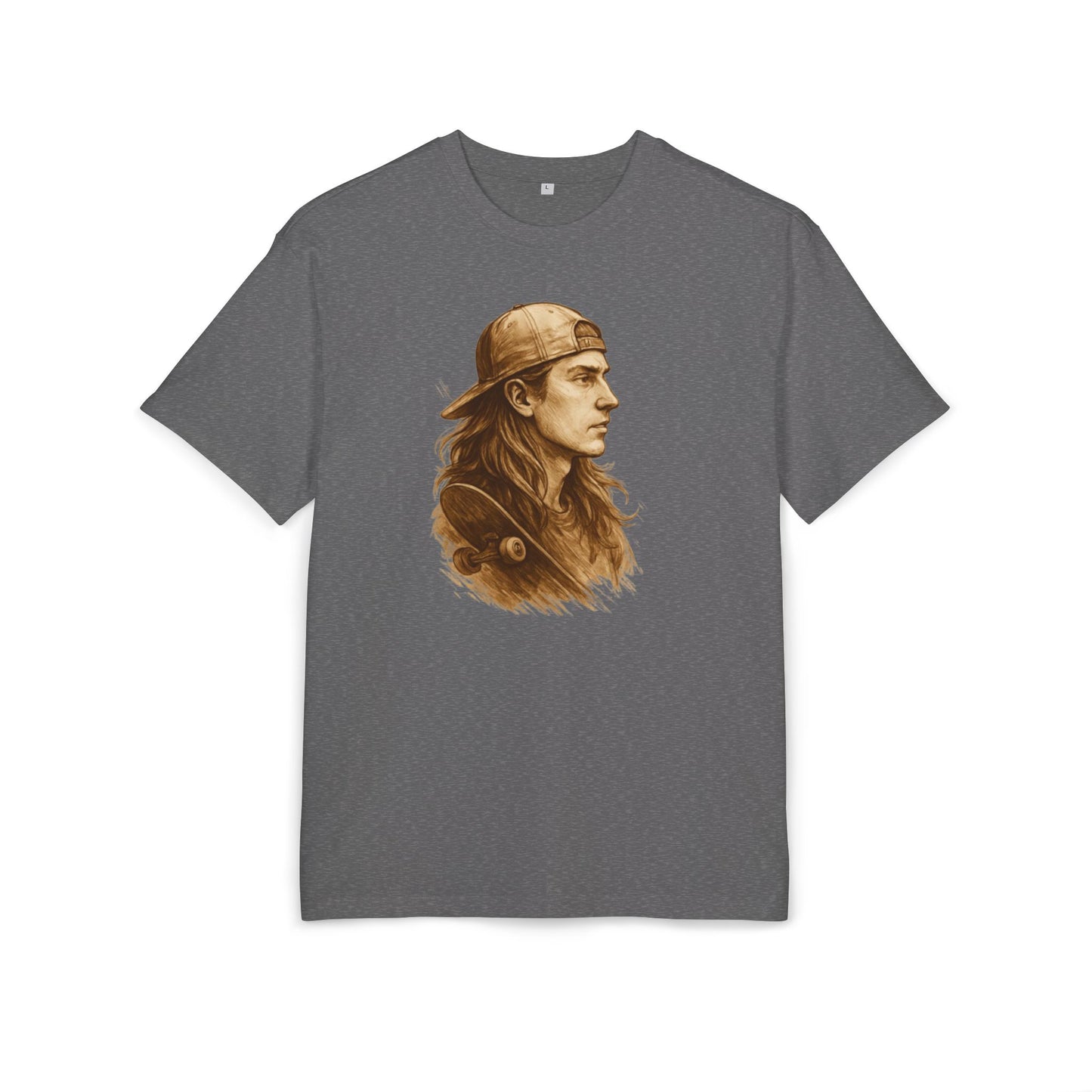 Skater Style T-Shirt (Brustprint) – Retro Kunst-Design mit Langhaar-Skater und Cap – Vintage Skateboard Look